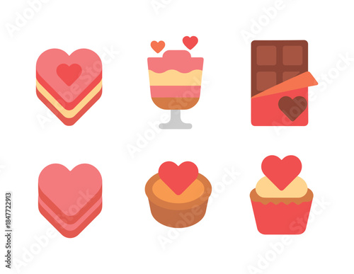 Valentine's day flat icon set. featuring heart cake, dessert, chocolate, pie, and cupcake symbols