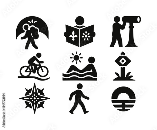 Outdoor activities silhouette icon set. featuring hiking, reading, stargazing, cycling, swimming, navigation, sunset
