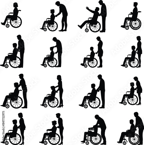 Silhouette collection of caregivers assisting people in wheelchairs, helping with movement, physical therapy, and providing personal care for disabled or elderly individuals