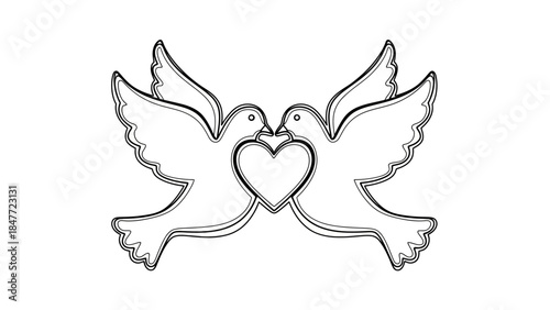 Minimalist line art illustration of two lovebirds facing each other with a heart between them