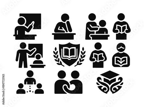 Education silhouette icon set. featuring teaching, reading, mentorship, study, and graduation symbols