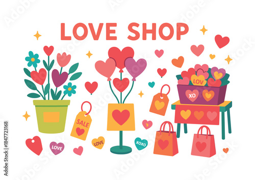 Love and gift flat icon set. featuring flowers, balloons, gift bags, price tags, basket, and hearts