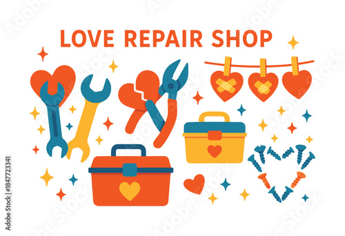 Love repair shop flat icon set. featuring wrench, pliers, toolbox, screws, and heart symbols