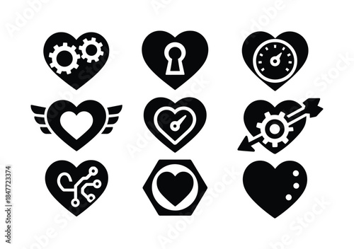 Love and technology silhouette icon set. featuring gears, lock, speedometer, circuit, and heart symbols