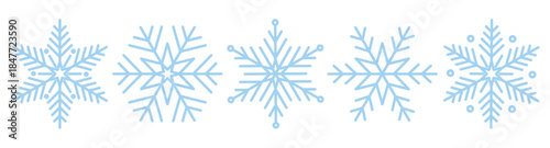 Set of cute symmetric blue snowflakes isolated on a transparent background. Cartoon decorative elements. Editable stroke. Ideal for Christmas, New Year, and winter designs. PNG and vector illustration