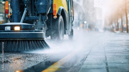 Street sweeper cleaning city road with rotating brush and water spray, maintaining urban hygiene and sanitation. Garbage street