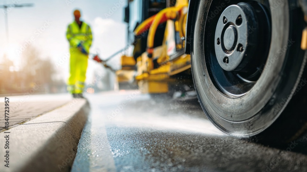 Fototapeta premium City worker cleaning streets with a sanitation truck, spraying water on asphalt for urban hygiene and maintenance. Garbage street