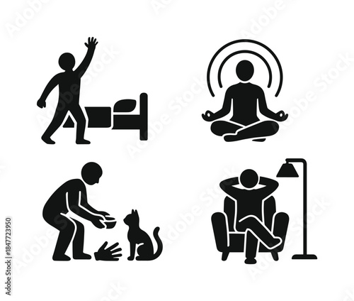 Daily activities silhouette icon set. featuring wake-up, meditate, feed pet, and relax symbols