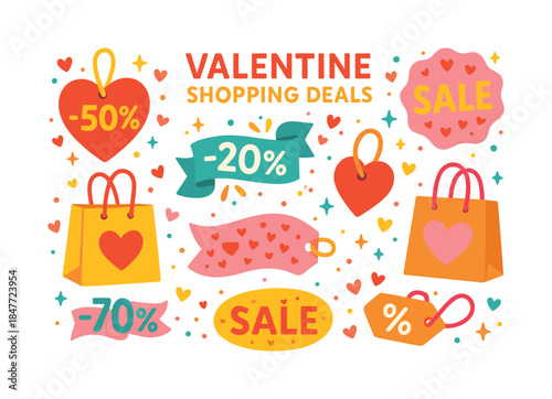 Valentine shopping flat icon set. featuring sale, discount, heart tag, shopping bag, and price tags