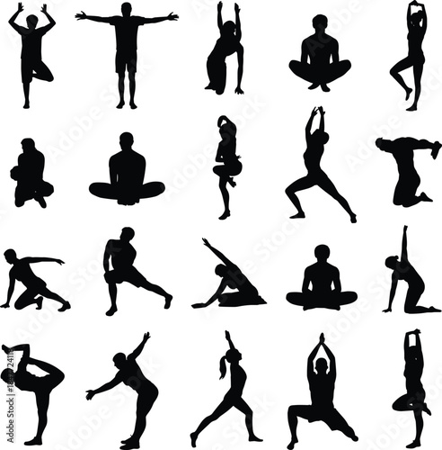 Silhouette collection of individuals practicing various yoga poses, stretches, and movements, focusing on balance, flexibility, strength, and wellness exercises