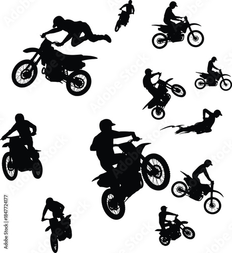 Silhouette collection of motocross bikers doing jumps, tricks, freestyle stunts on dirt bikes, extreme sport vector illustration design