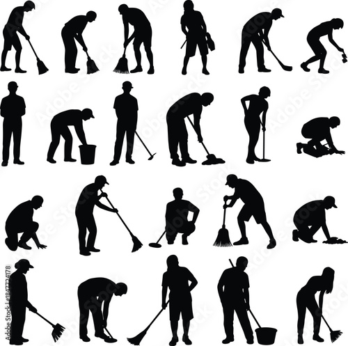 Silhouette collection of people performing various cleaning tasks such as sweeping, mopping, and organizing, using cleaning tools for maintenance and sanitation