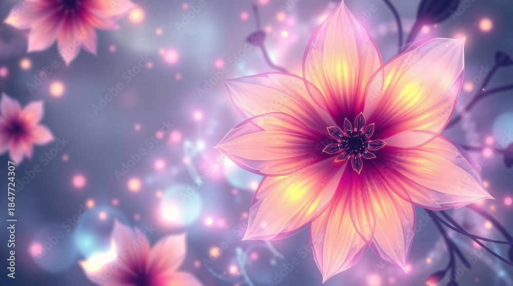 Obraz premium Mystical Abstract Floral Background with Radiant Glowing Pink and Gold Fantasy Flower, Magical Bokeh Lights and Dark Blue Atmospheric Illustration
