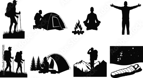 Silhouette hikers camping in mountains with tent campfire meditation stargazing adventure outdoor travel lifestyle vector illustration black design