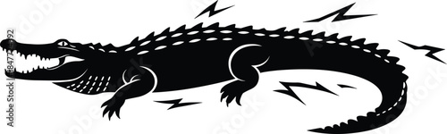 Silhouette illustration of aggressive crocodile with lightning elements, perfect for tattoos, mascots, wildlife art, power themes, and graphic design.