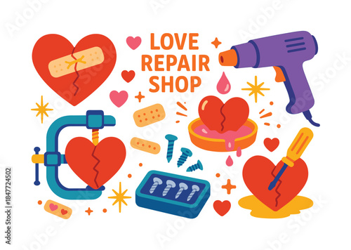 Relationship repair flat icons set. featuring broken heart, bandage, clamp, screwdriver, and glue gun symbols
