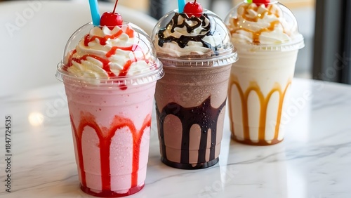 Colorful Milkshakes of Different Flavors in Plastic Cups on a White Marble Table, Close-Up View