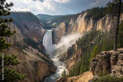 Majestic waterfall plunging into misty canyon nature photography scenic cliffs and forests panoramic view of natural wonder