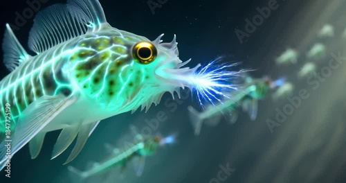 Surreal Hyper Realistic Anglerfish with Pulsing Bioluminescent Esca in Deep Ocean. Deep Underwater Life Concept.