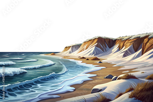 Cape Cod beach appears dramatic with snow covered sand dunes, crashing Atlantic waves, dark storm clouds, and frozen shoreline textures revealing the harsh beauty of winter coastal storms