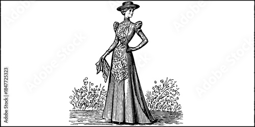 Vintage full body portrait of an aristocratic lady from the 1900s in elegant attire
