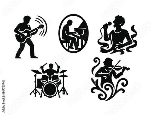 Music performance silhouette icon set. featuring guitar, piano, singing, drums, violin symbols