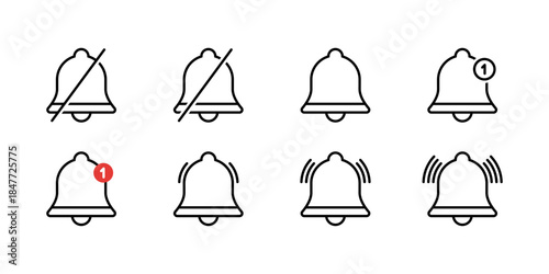 Notification bell outline icon set collection. Silent, mute, new reminder, ringing, and vibration mode symbol