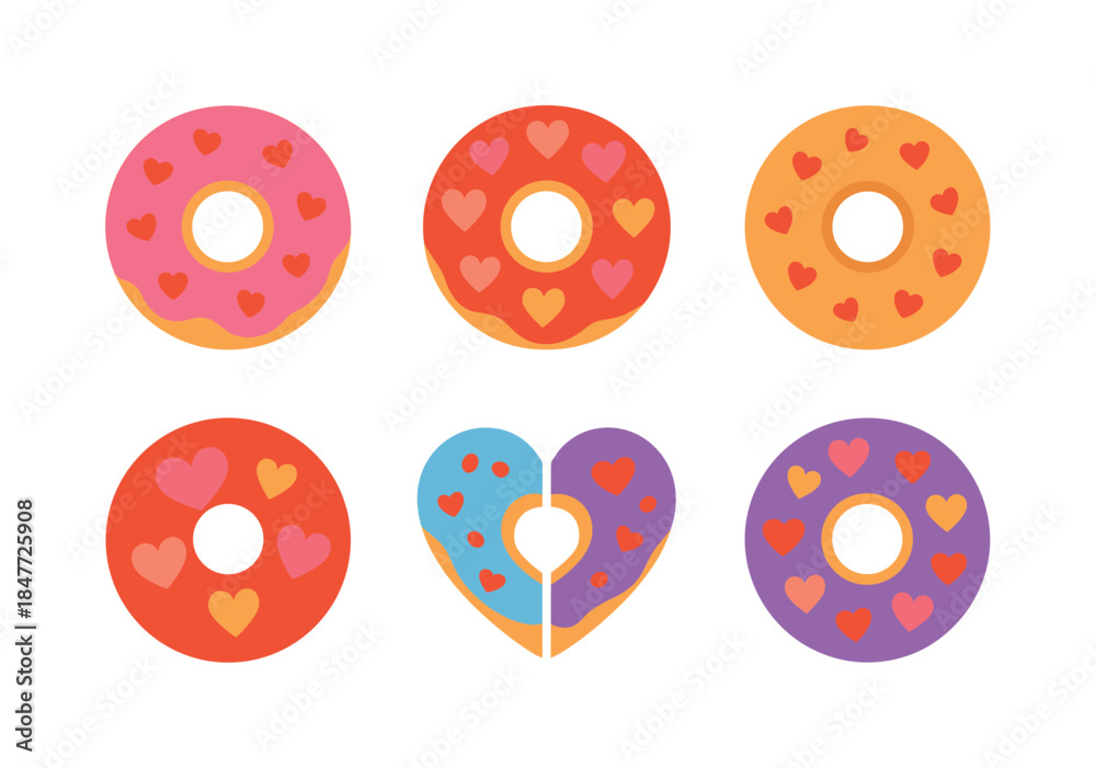 Obraz premium Valentine's day flat icon set. featuring heart donuts, half-heart donut, sprinkled donuts