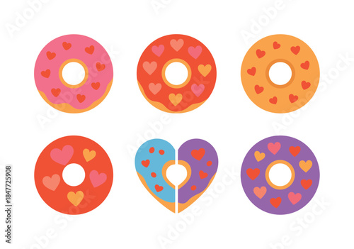 Valentine's day flat icon set. featuring heart donuts, half-heart donut, sprinkled donuts