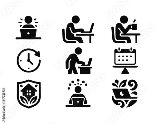 Work and office silhouette icon set. featuring user, laptop, coffee, clock, calendar, and shield symbols