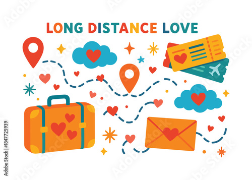 Love and travel flat icon set. featuring luggage, tickets, hearts, plane, and envelope symbols