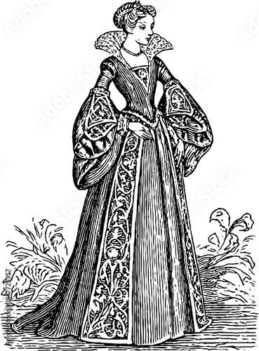 Elegant aristocratic widow in ornate gown full-body portrait - vintage hand drawn engraving for historical design