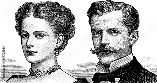 Elegant victorian aristocratic couple composition for historical design and decoration