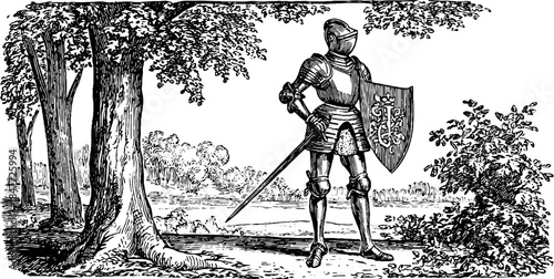 Medieval knight in armor with shield in forest setting - vintage hand drawn illustration for historical design