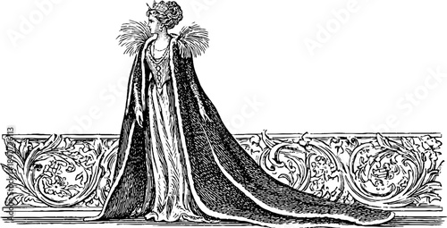 Baroque noblewoman in elaborate gown silhouette for vintage design