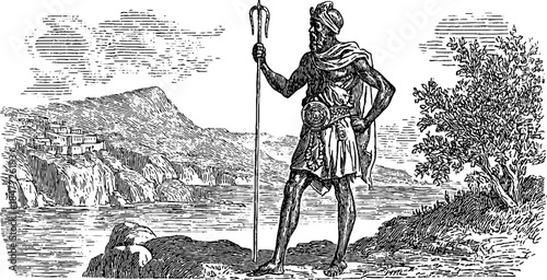 Bronze age chieftain silhouette by river with landscape background for historical design