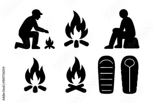Silhouettes of camping activities: campfires, sleeping bags, and campers.