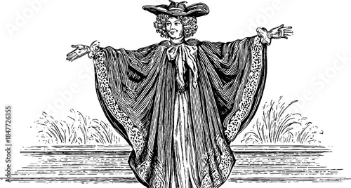 Vintage full body portrait of an anonymous court lady with extended arm gesture for retro design