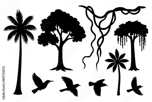 Silhouette jungle scene with trees, birds, and snake on white background.