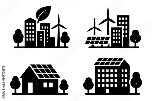 Sustainable buildings with solar panels and wind turbines in eco-friendly urban design.