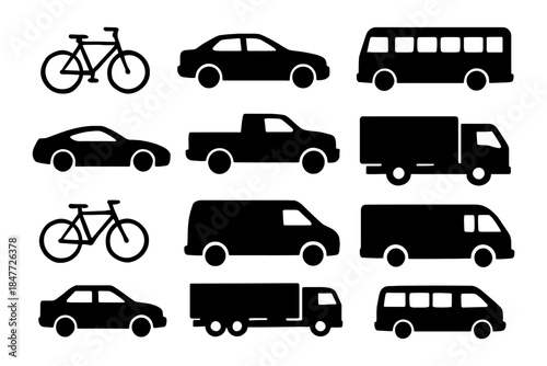Silhouettes of various vehicles including bike, car, truck, van, and bus in black and white.