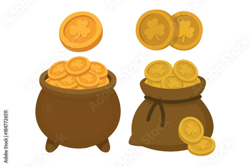 Set of gold coins, pot and bag with shamrock symbols, Saint Patrick Irish vector clipart.