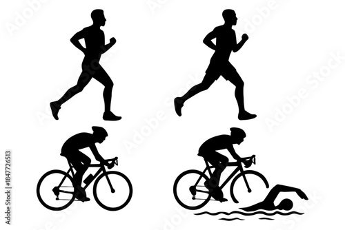 Silhouette of male athletes running, cycling and swimming in action poses.