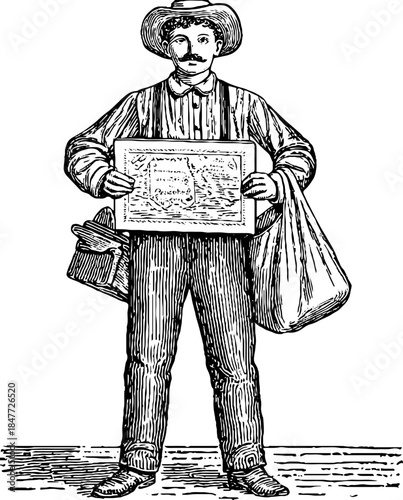 Vintage frontier teacher holding chalkboard sketch illustration for retro design