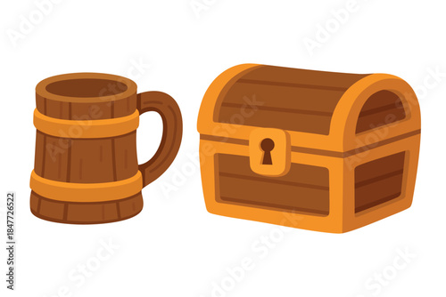 Set of wooden beer tankard and treasure chest for Saint Patrick Irish festive vector clipart.