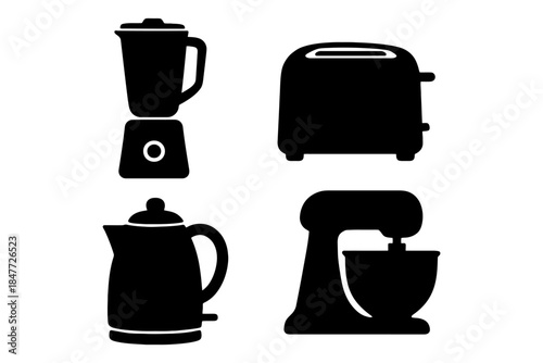 Silhouette of kitchen appliances: blender, toaster, kettle, mixer.