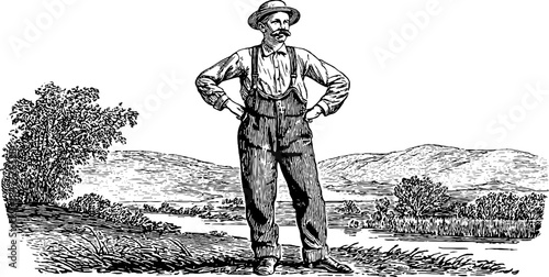 Vintage sketch of an early 1900s factory worker in natural setting - retro design for posters and cards