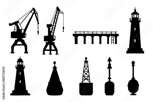 Silhouettes of cranes, piers, lighthouses, and buoys in nautical theme.