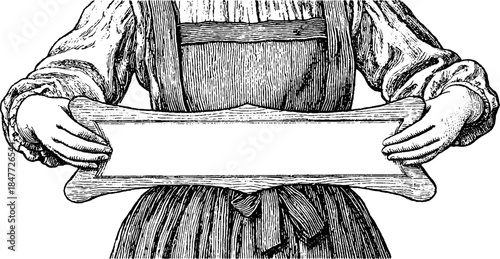 Vintage full body portrait of frontier teacher holding blank sign for design