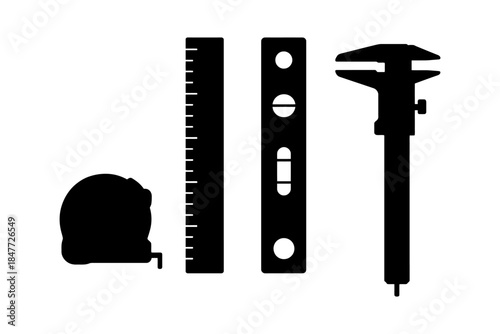 Silhouette of measuring tools: helmet, ruler, level, caliper.